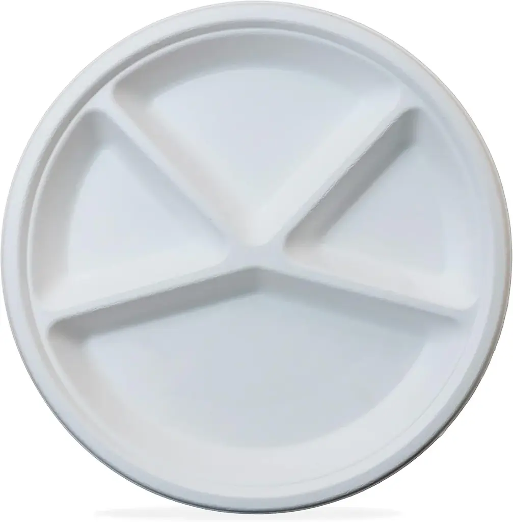 Bagasse Round Plate White - 11" (4 Compartment)