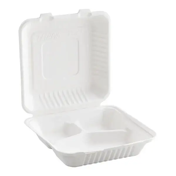Bagasse Takeout Hinged Lid Containers - 8" x 8" (3 Compartment)