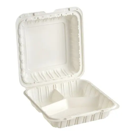 [P200007] Mineral Filled PP Hinged Lid Takeout Containers White/Black - 8" x 8" (3 Compartment)
