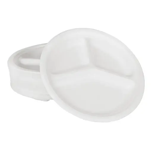 [P200074] Bagasse Round Plate White - 9" (3 Compartment)