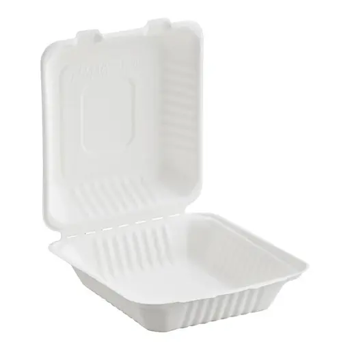 [P200084] Bagasse Takeout Hinged Lid Containers - 8" x 8"
